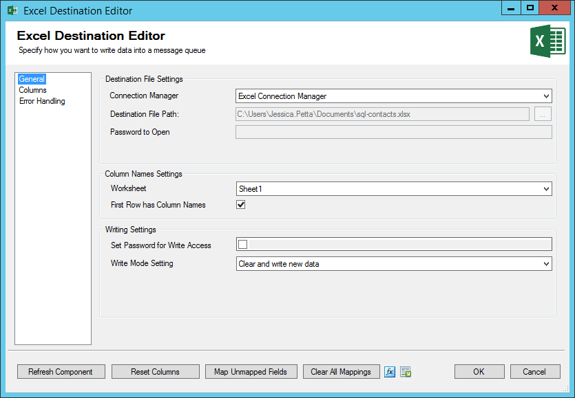 ssis excel destination