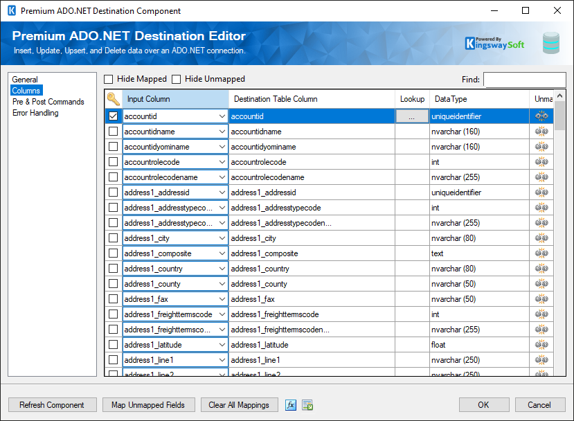 Columns page - Premium ADO.NET Destination component