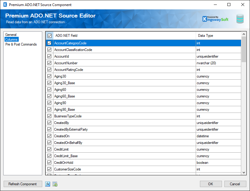 Columns page - Premium ADO.NET Source component