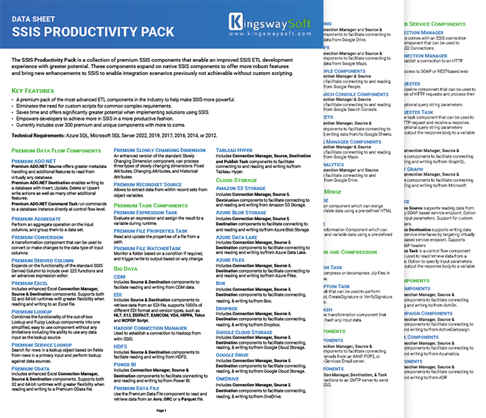 SSIS Productivity Pack Data Sheet