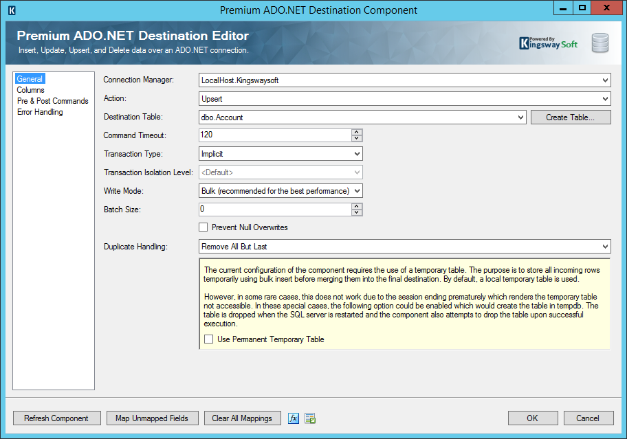 KingswaySoft Premium ADO.NET Destination component - General settings page