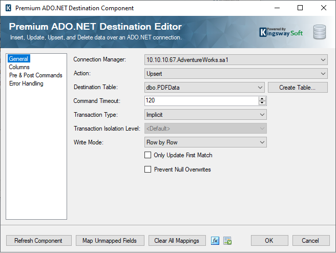 Premium ADO.NET Destination General Configuration