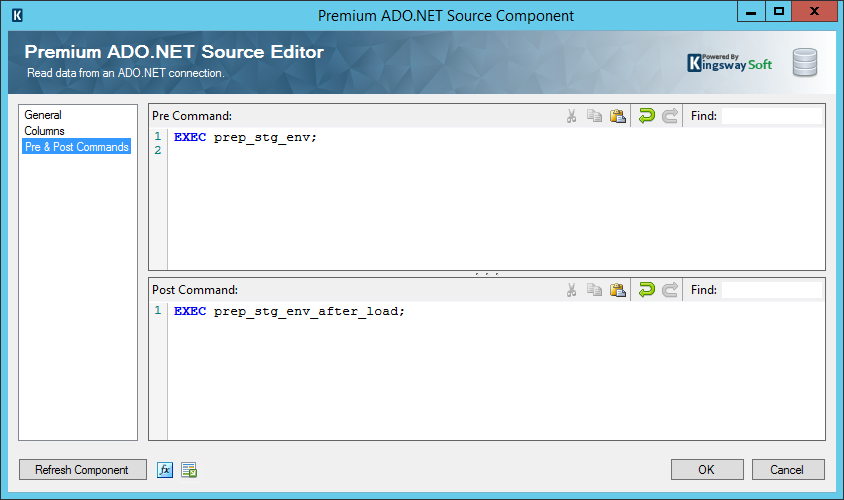 KingswaySoft Premium ADO.NET Source component - Pre & Post Commands page