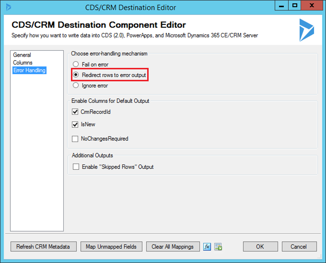 Screenshot of Error Handling section of the Destination Component