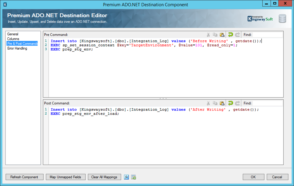 KingswaySoft Premium ADO.NET Destination component - Pre & Post Commands page