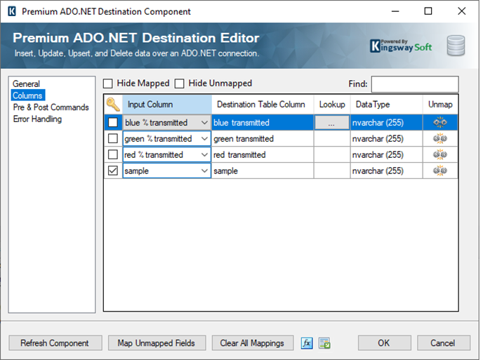 Premium ADO.NET Destination Columns Configuration
