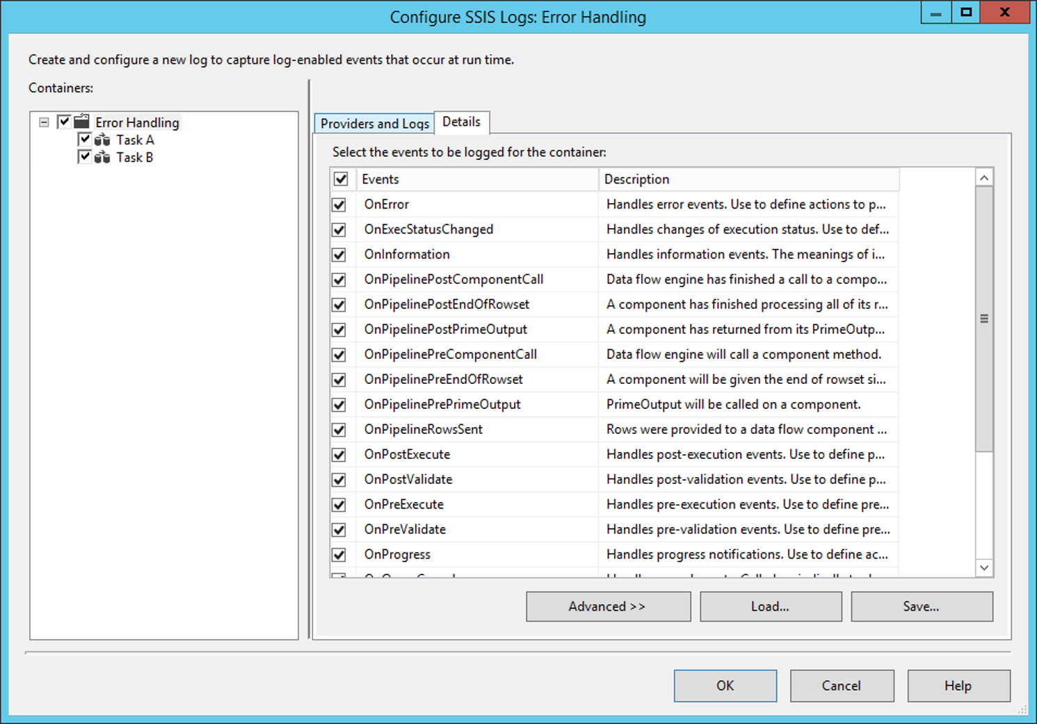 Screenshot of Configure SSIS Logs Error Handling Details