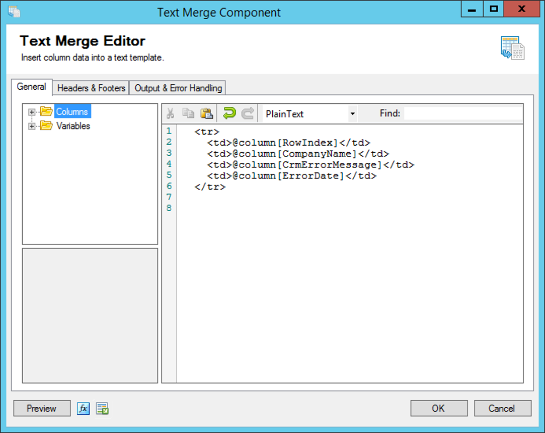 Screenshot of Text Merge component grouping all failed records into an HTML table structure