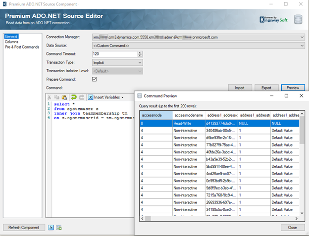Premium ADO.NET Source Component with Custom Command feature for SQL Query