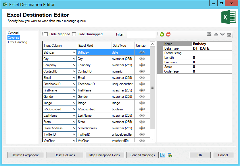 ssis excel destination mapped columns