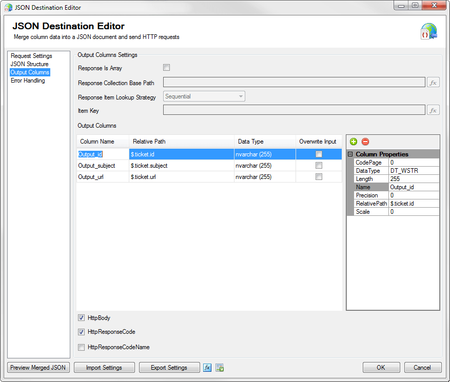 SSIS JSON Destination - output columns