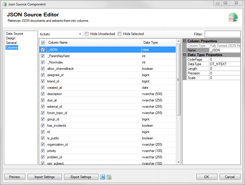 SSIS JSON Source - columns