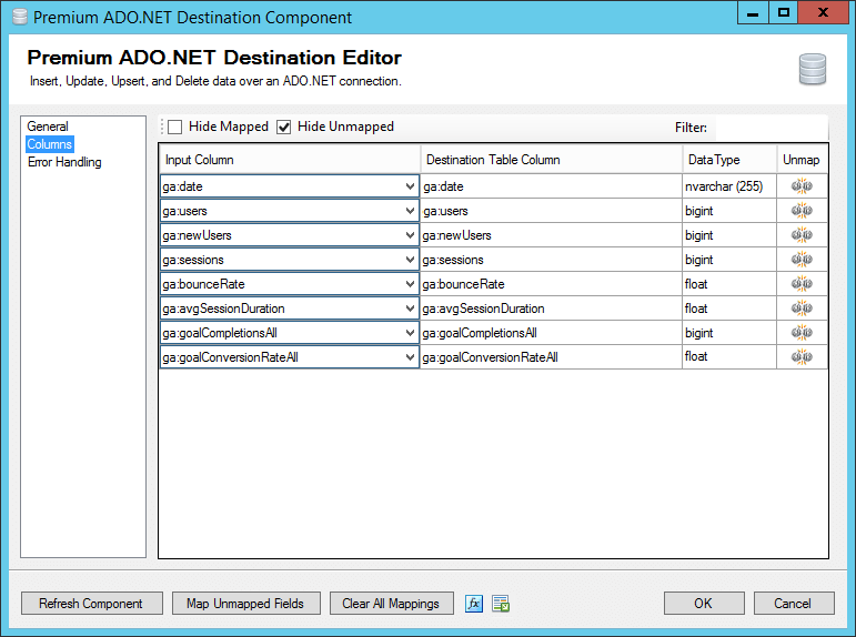 Map Google Analytics to SQL Server