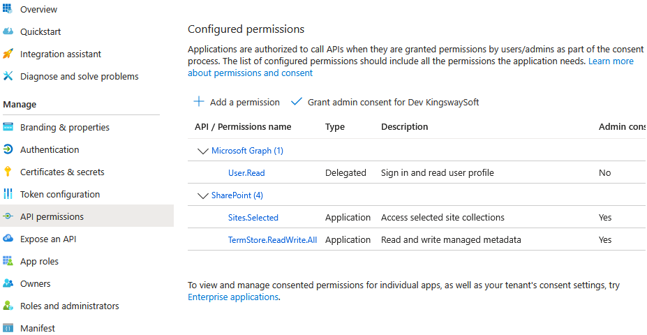 Application API Permissions showing Sites.Selected for SharePoint