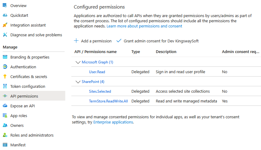 Delegated API Permissions showing Sites.Selected for SharePoint