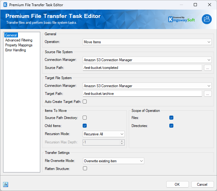 Premium File Transfer Task editor utilizing the Amazon S3 Connection Manager as a source or destination connection.