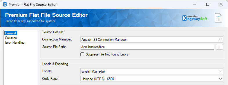 Premium Flat File Source editor configured to stream data via the Amazon S3 Connection Manager.