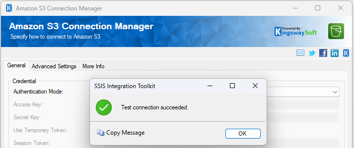 Amazon S3 Connection Manager successful test connection window.