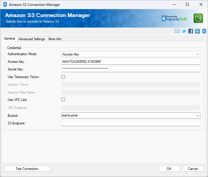 Amazon S3 Connection Manager configured with Access Key credentials and bucket information.