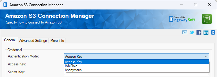 Amazon S3 Connection Manager General page showing the Authentication Mode dropdown with Access Key, Run as IAM Role, and Anonymous options.