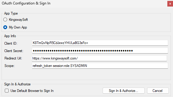 KingswaySoft OAuth 2 Configuration Window