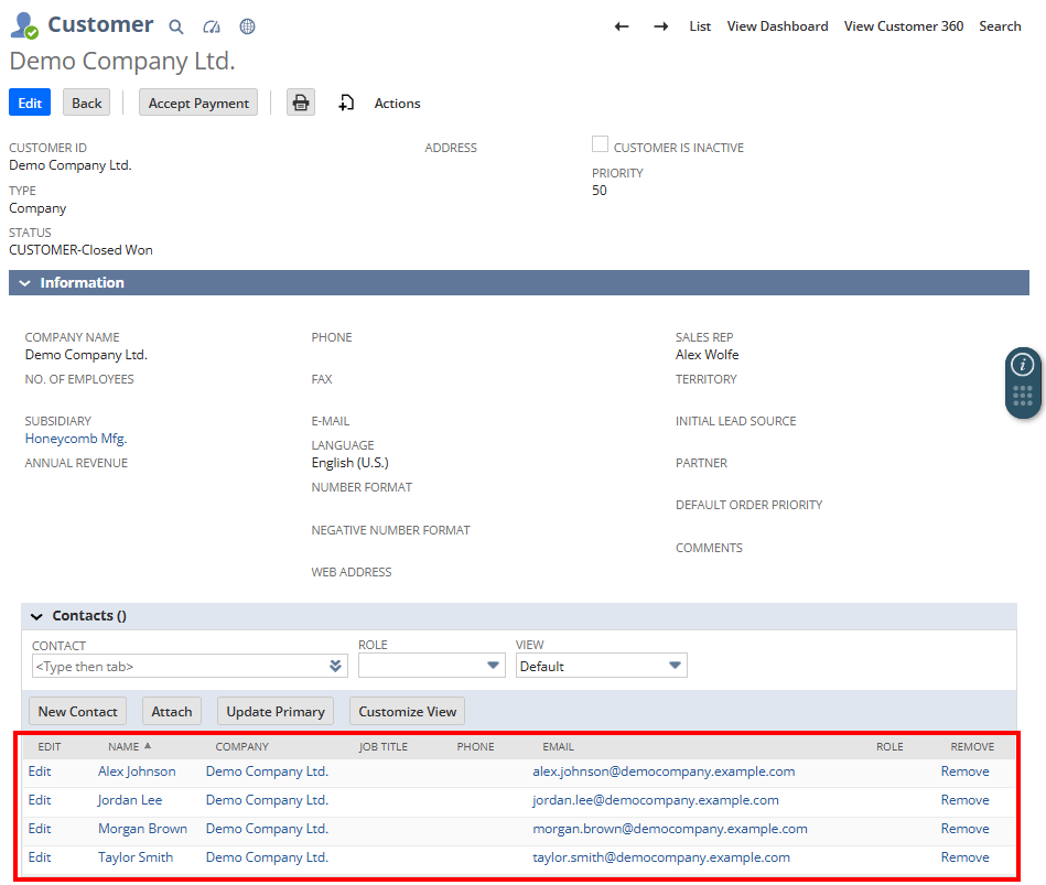 NetSuite Customer record showing related Contact records in the Contacts sublist.