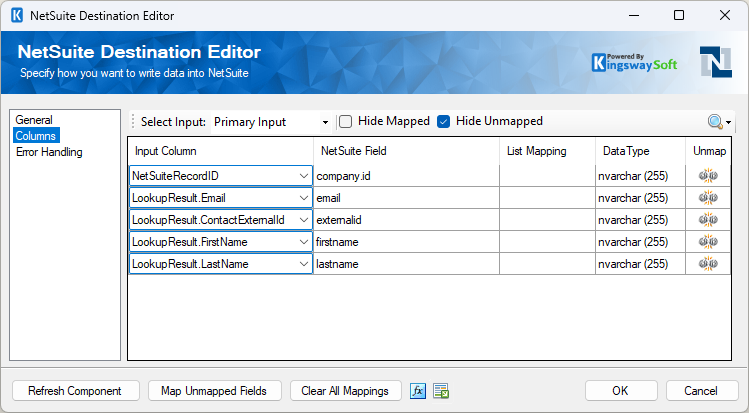 NetSuite Destination component Columns page showing Contact field mappings, including the company reference.