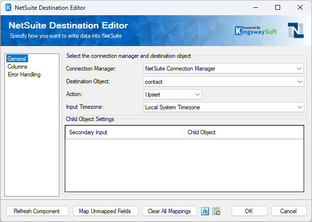NetSuite Destination component General page configured to upsert contact records.