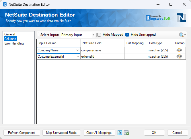 NetSuite Destination component Columns page showing Customer field mappings for the upsert operation.