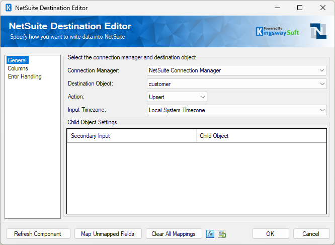NetSuite Destination component General page configured to upsert a customer record.