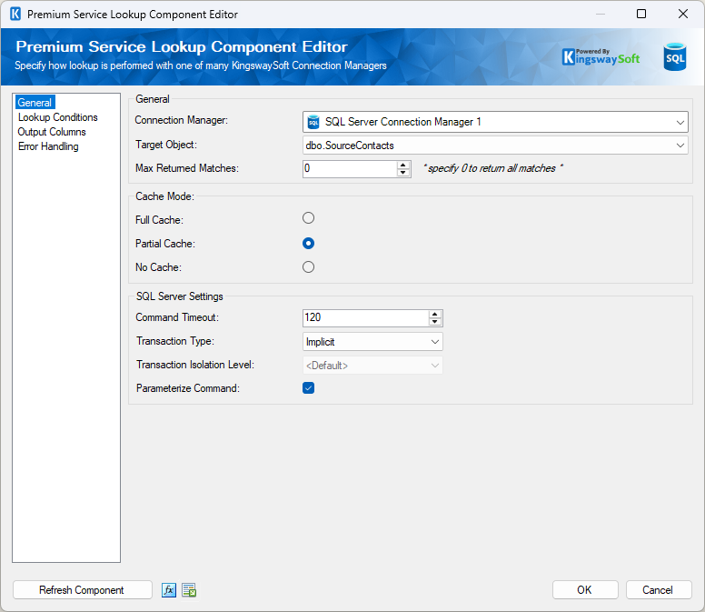 Premium Service Lookup component General page configured to retrieve related Contact records from SQL Server.
