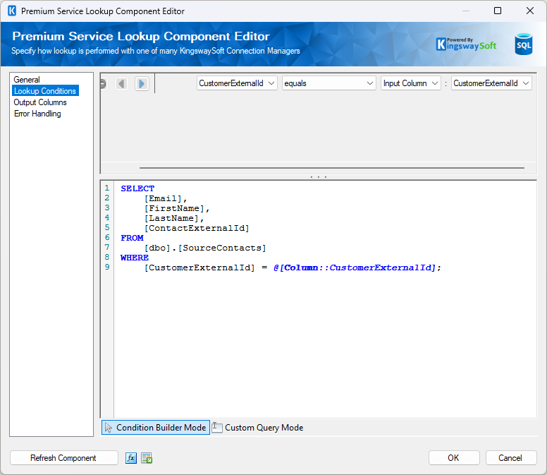 Premium Service Lookup conditions matching Contact rows by CustomerExternalId.