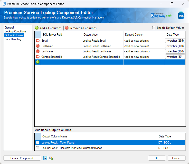Premium Service Lookup output columns returning Contact details for the Contact upsert step.