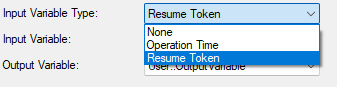 MongoDB Source Editor showing the None, Operation Time, and Resume Token Input Variable Type options.
