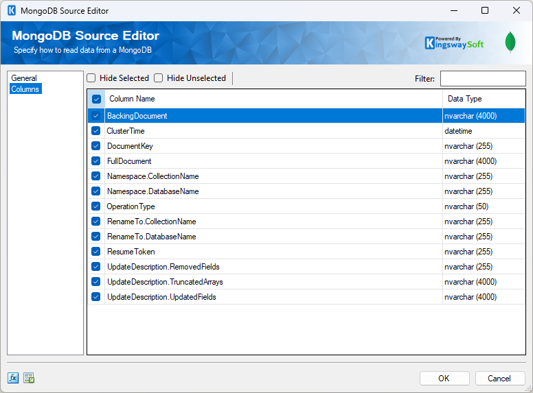 MongoDB Source Editor Columns page showing the available change stream fields and their SSIS data types.