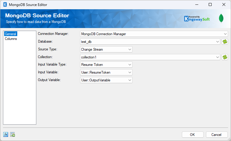 MongoDB Source Editor configured with Resume Token as the Input Variable Type, the ResumeToken input variable, and the OutputVariable output variable.