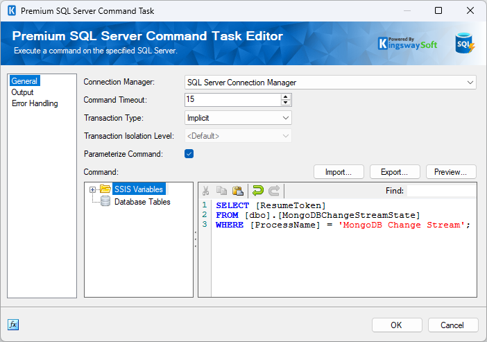 Premium SQL Server Command Task General page showing a SELECT statement that retrieves the stored MongoDB resume token.