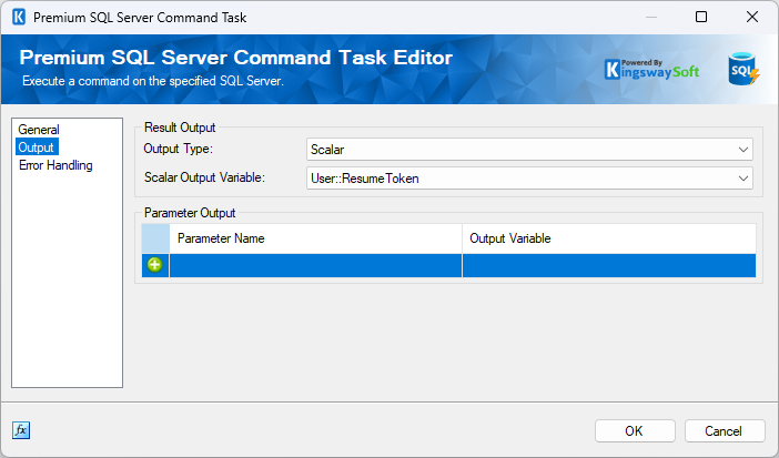 Premium SQL Server Command Task Output page configured with Scalar output and the User ResumeToken variable.