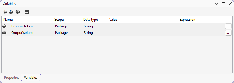SSIS Variables window showing the ResumeToken and OutputVariable string variables with empty initial values.