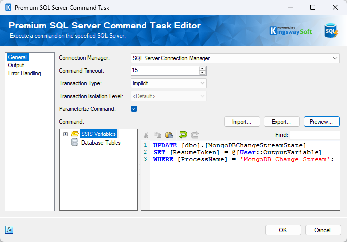 Premium SQL Server Command Task General page showing an UPDATE statement that saves the MongoDB Source OutputVariable to the ResumeToken column.
