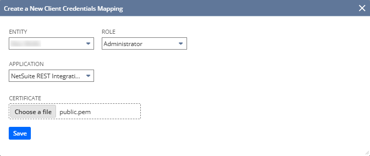 NetSuite Create a New Client Credentials Mapping window showing the Entity, Role, Application, and public.pem certificate.