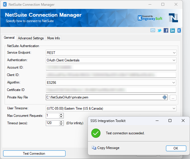KingswaySoft NetSuite Connection Manager displaying a successful NetSuite REST connection test.