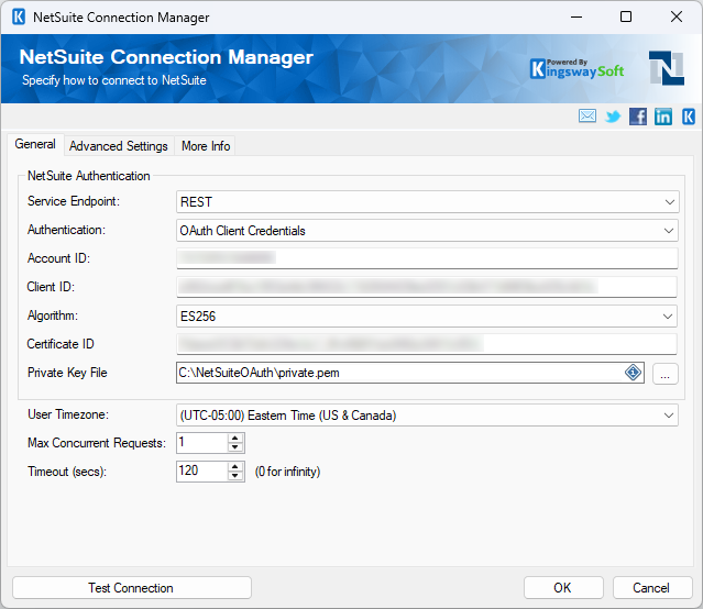 KingswaySoft NetSuite Connection Manager configured to use the REST service endpoint with OAuth Client Credentials authentication.