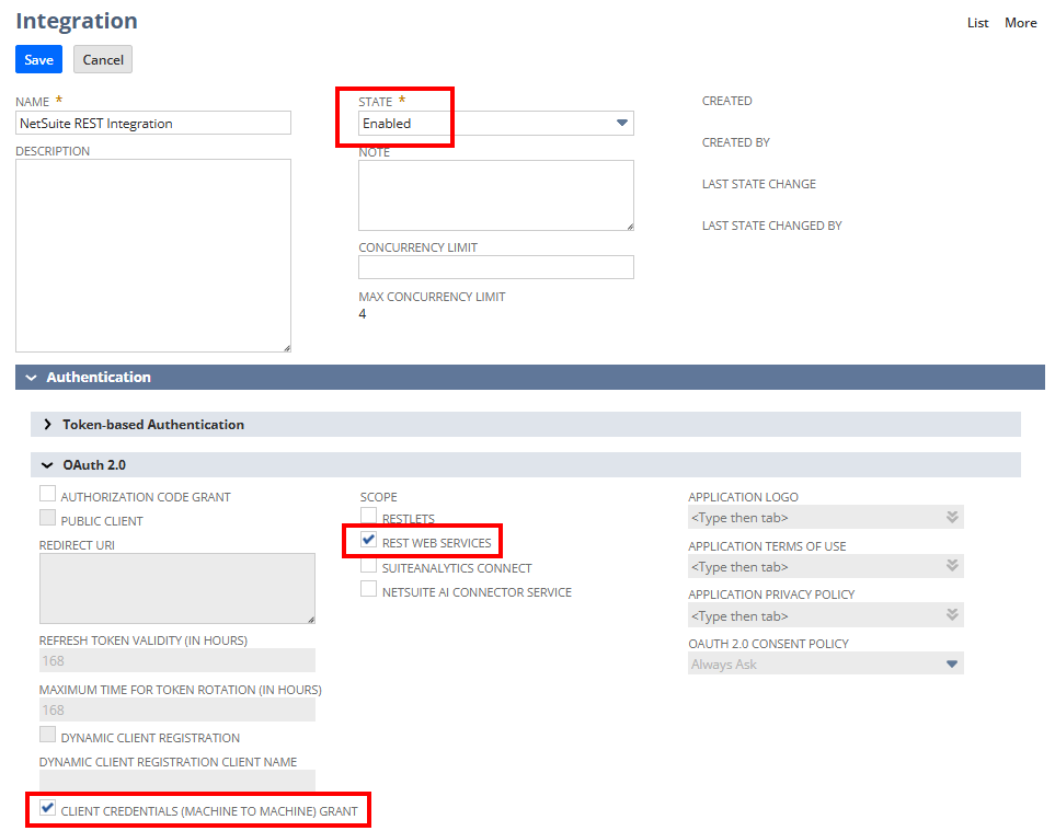NetSuite Integration record configured with Client Credentials Machine to Machine Grant and REST Web Services enabled.