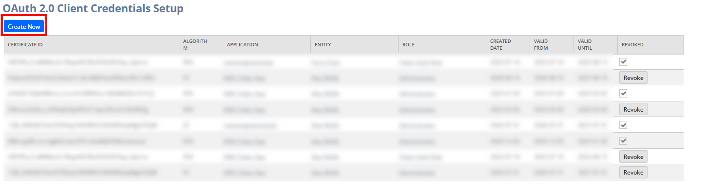NetSuite OAuth 2.0 Client Credentials Setup page with the Create New option highlighted.