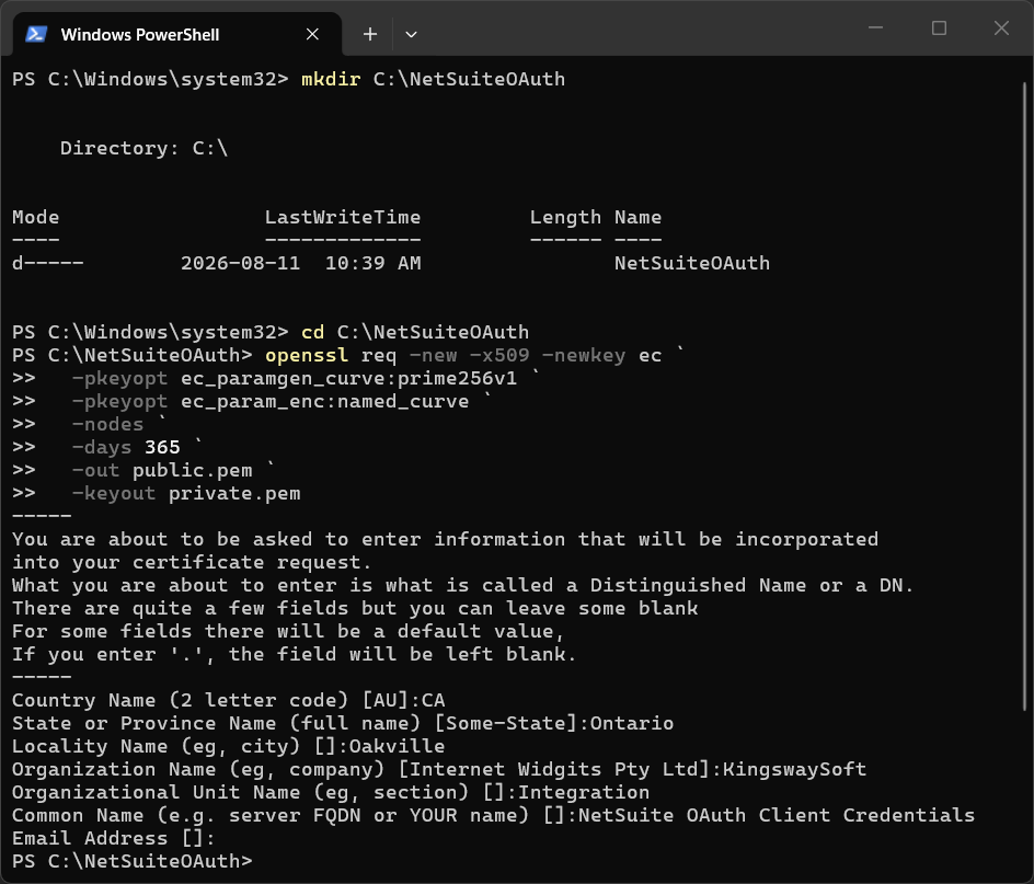 PowerShell window showing the OpenSSL command and certificate information used to generate the NetSuite OAuth certificate.