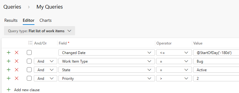 Provide clauses in the query in Azure DevOps UI