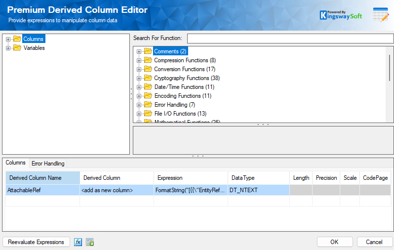 Premium Derived Column Editor showing the AttachableRef expression used to associate an uploaded document with a QuickBooks bill.