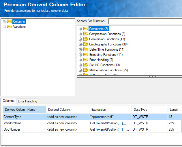 Premium Derived Column Editor showing the ContentType, VendorName, and DocNumber derived columns used to prepare supporting document data.