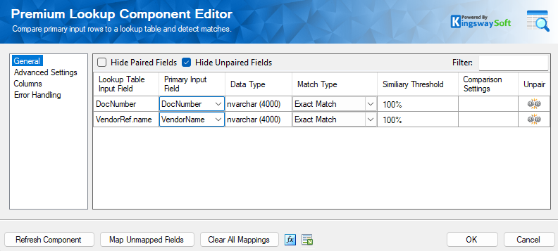 Premium Lookup Component Editor showing exact-match conditions for DocNumber and VendorName when matching documents to QuickBooks bills.